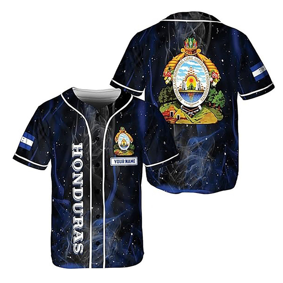 Personalized Honduras Flag Coat of Arms Symbol Smoke Blue Baseball Jersey S-5XL