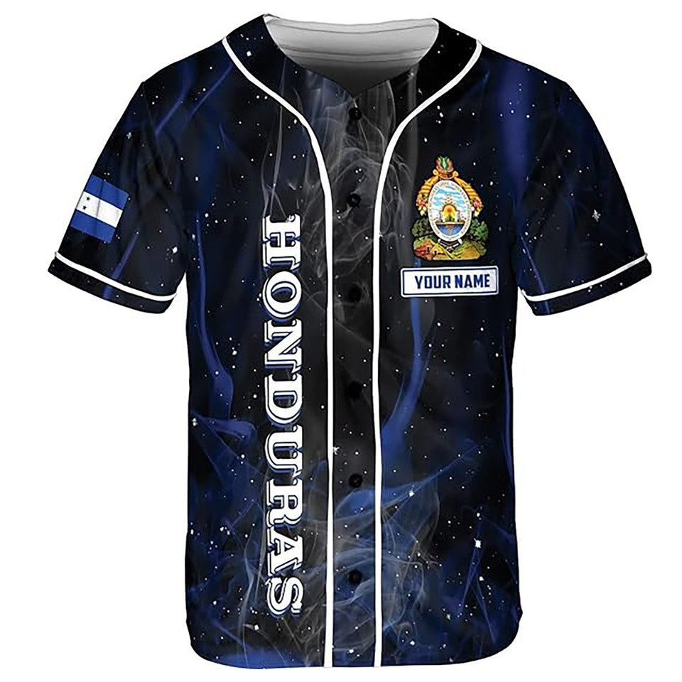 Personalized Honduras Flag Coat of Arms Symbol Smoke Blue Baseball Jersey S-5XL