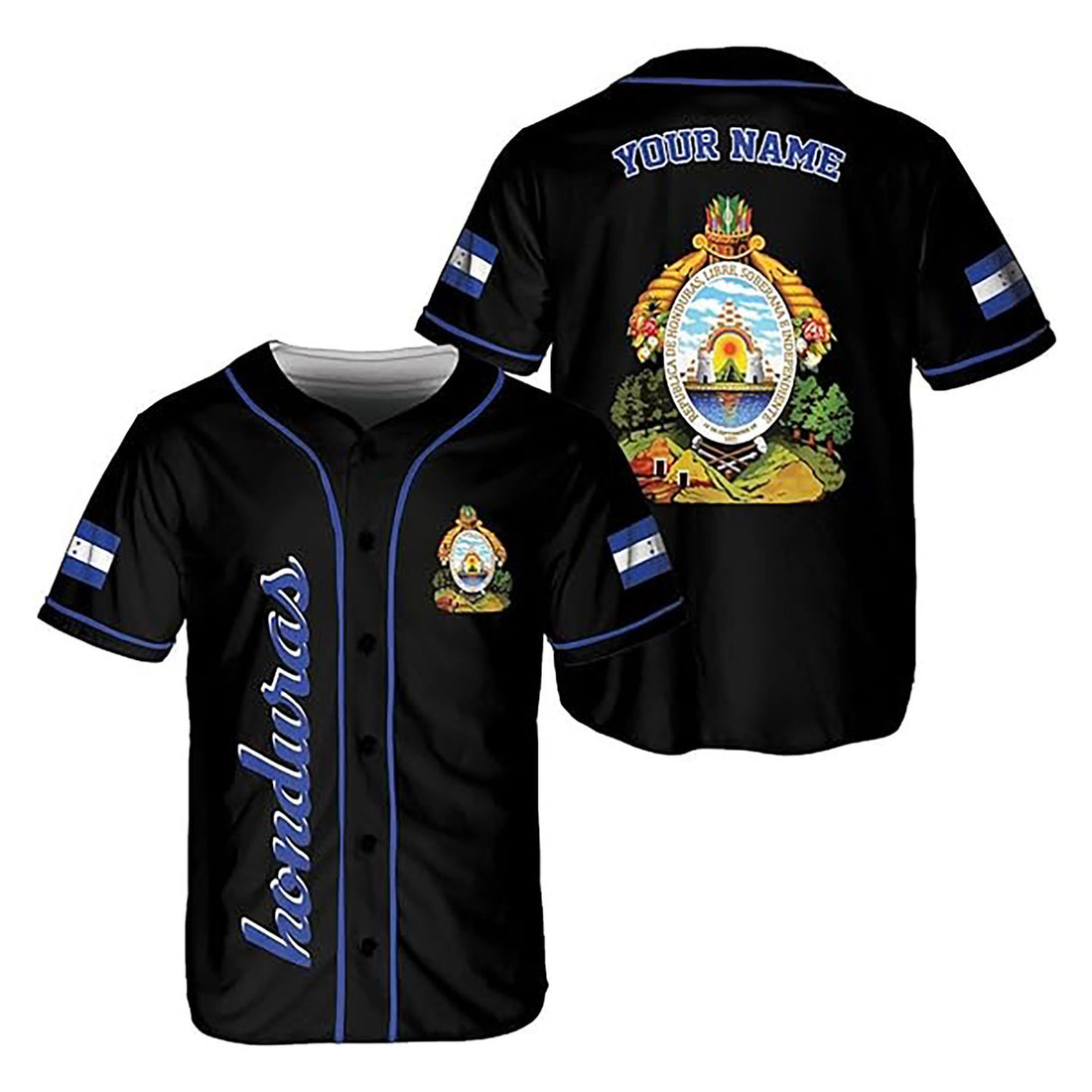 Personalized Honduras Flag Coat of Arms Symbol Black Baseball Jersey S-5XL