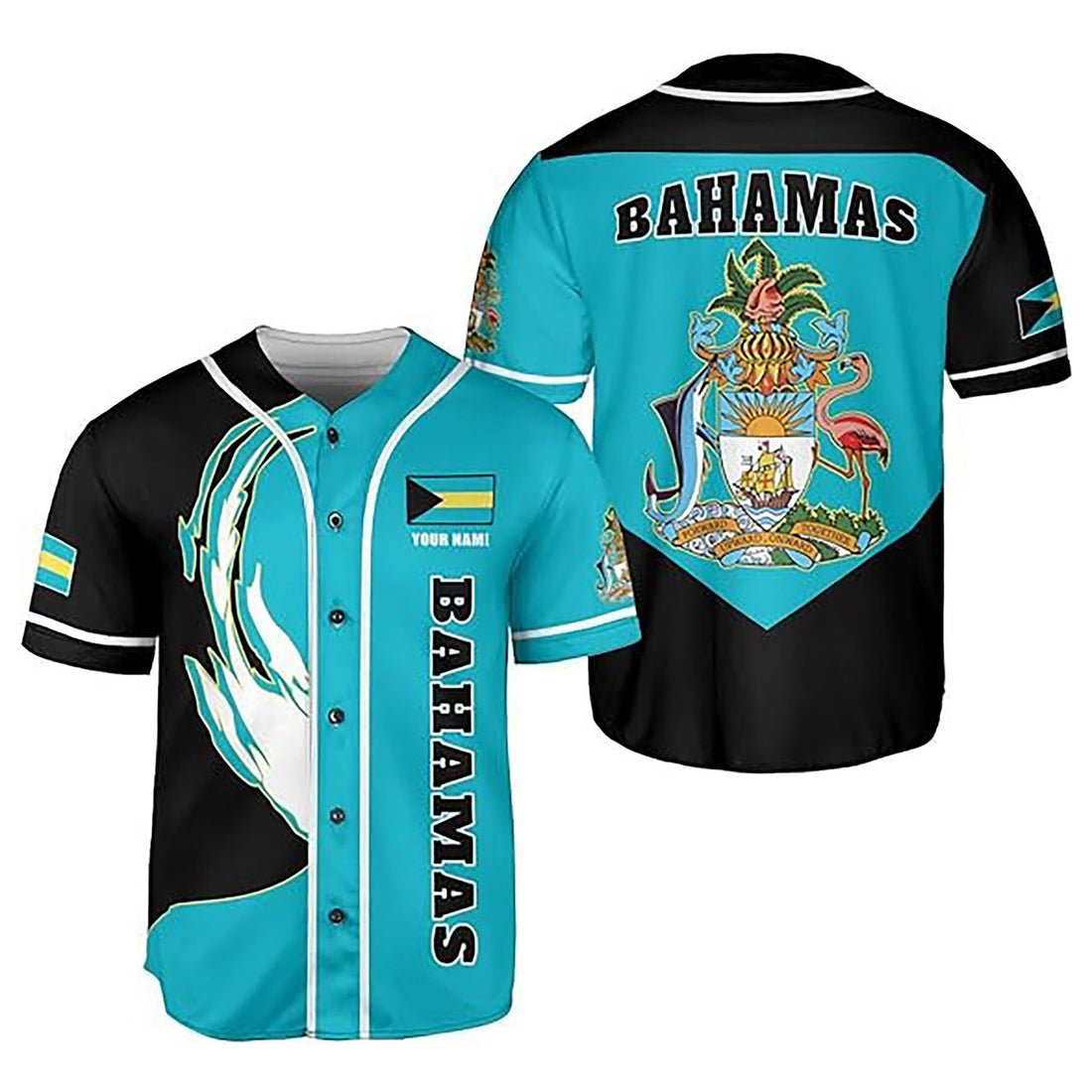 Personalized Bahamas Flag Coat of Arms Symbol Blue Baseball Jersey S-5XL