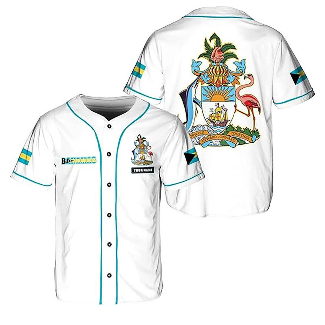 Personalized Bahamas Flag Coat of Arms White Symbol Baseball Jersey S-5XL