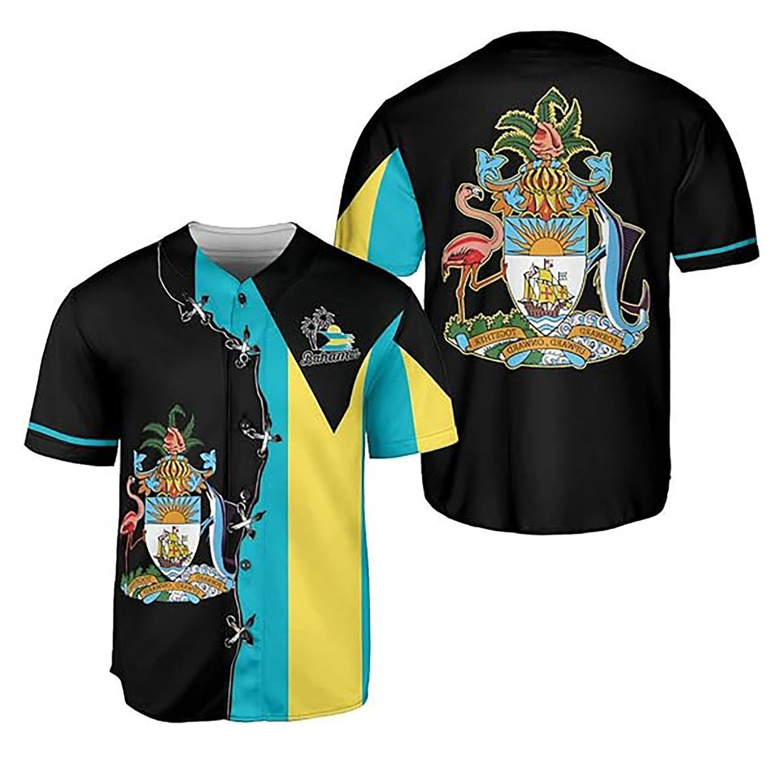 Bahamas Flag Coat of Arms Black Symbol Baseball Jersey S-5XL