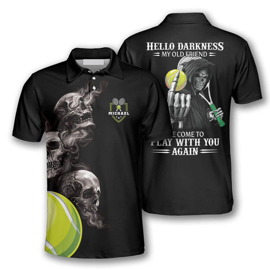 Custom Tennis Hello Darkness My Old Friend Skull Printed Men's Polo Shirt S-5XL