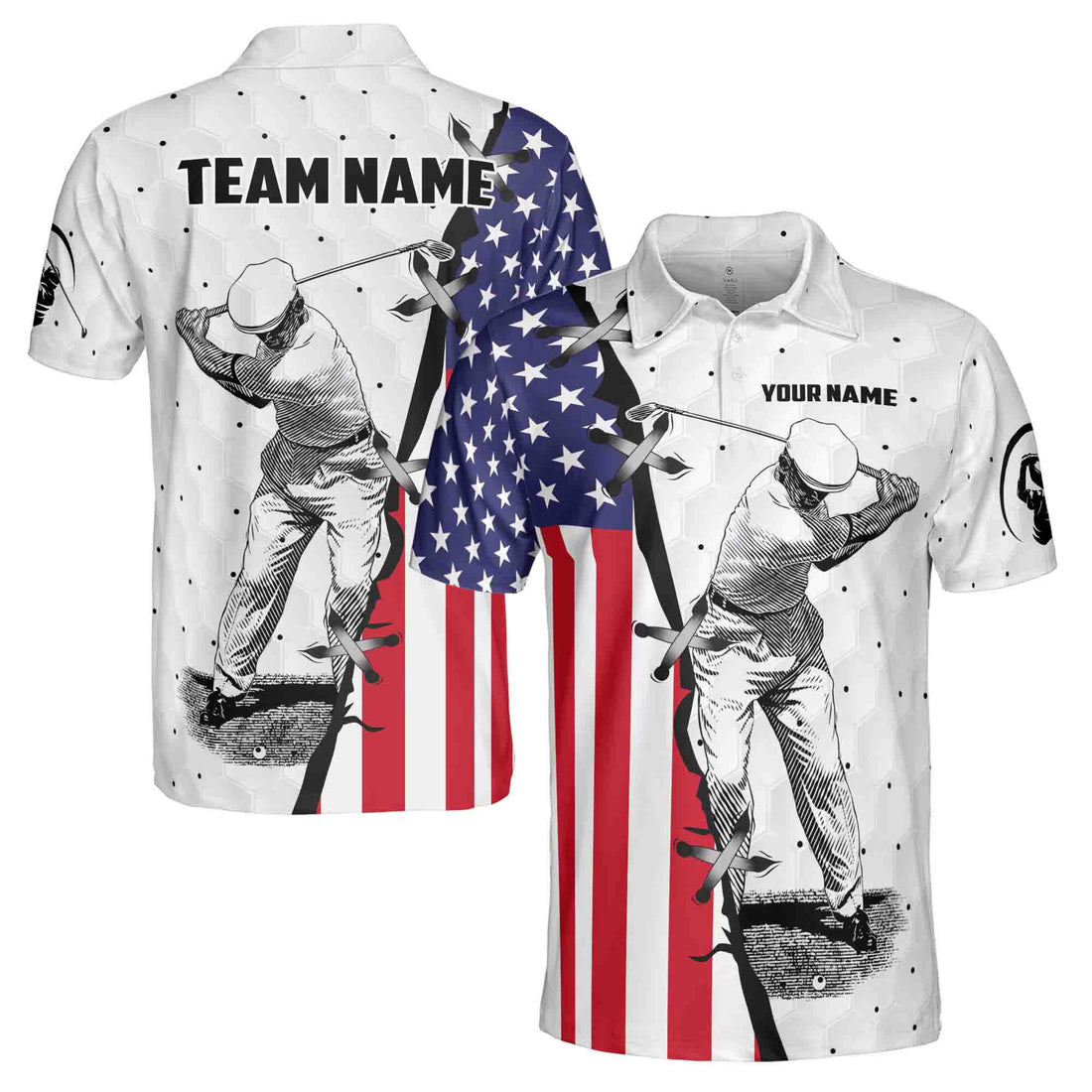 Custom Name, Team Name Golf American Flag Men's Polo Shirt S-5XL