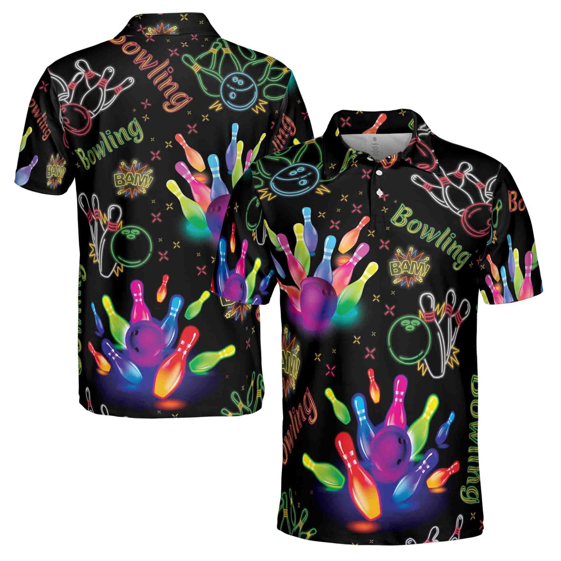 Funny Bowling Ball Colorful Neon Bowling Pins Men's Polo Shirt S-5XL