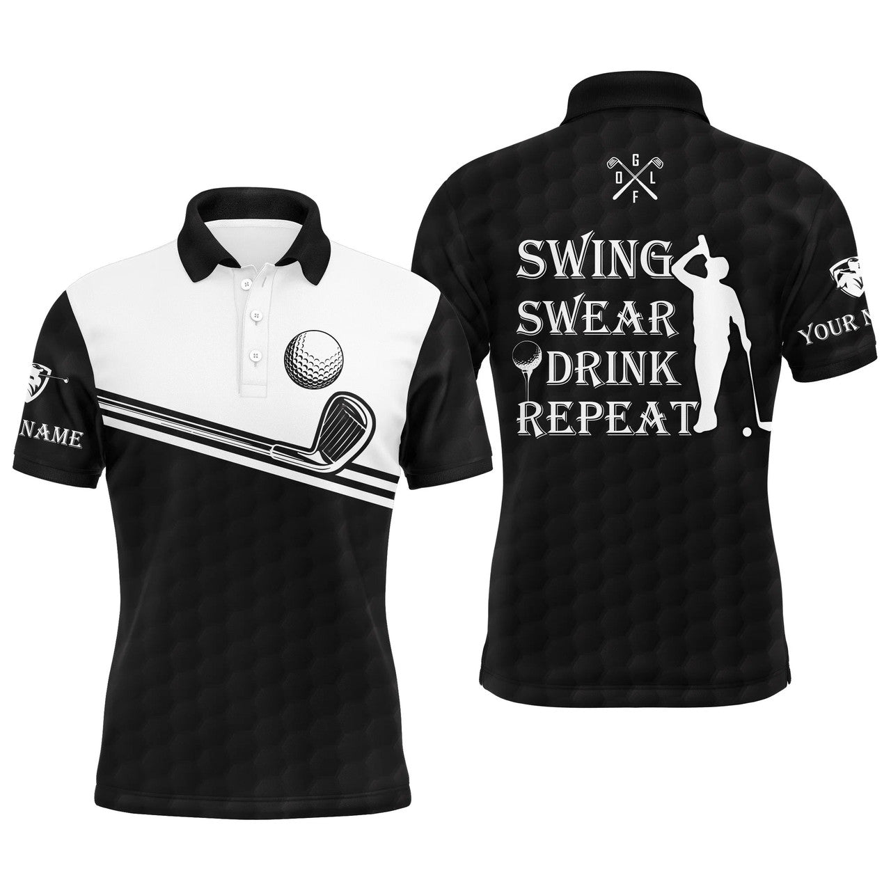 Personalized Golf Men's Polo Shirt Custom Name Swing Swear Drink Repeat