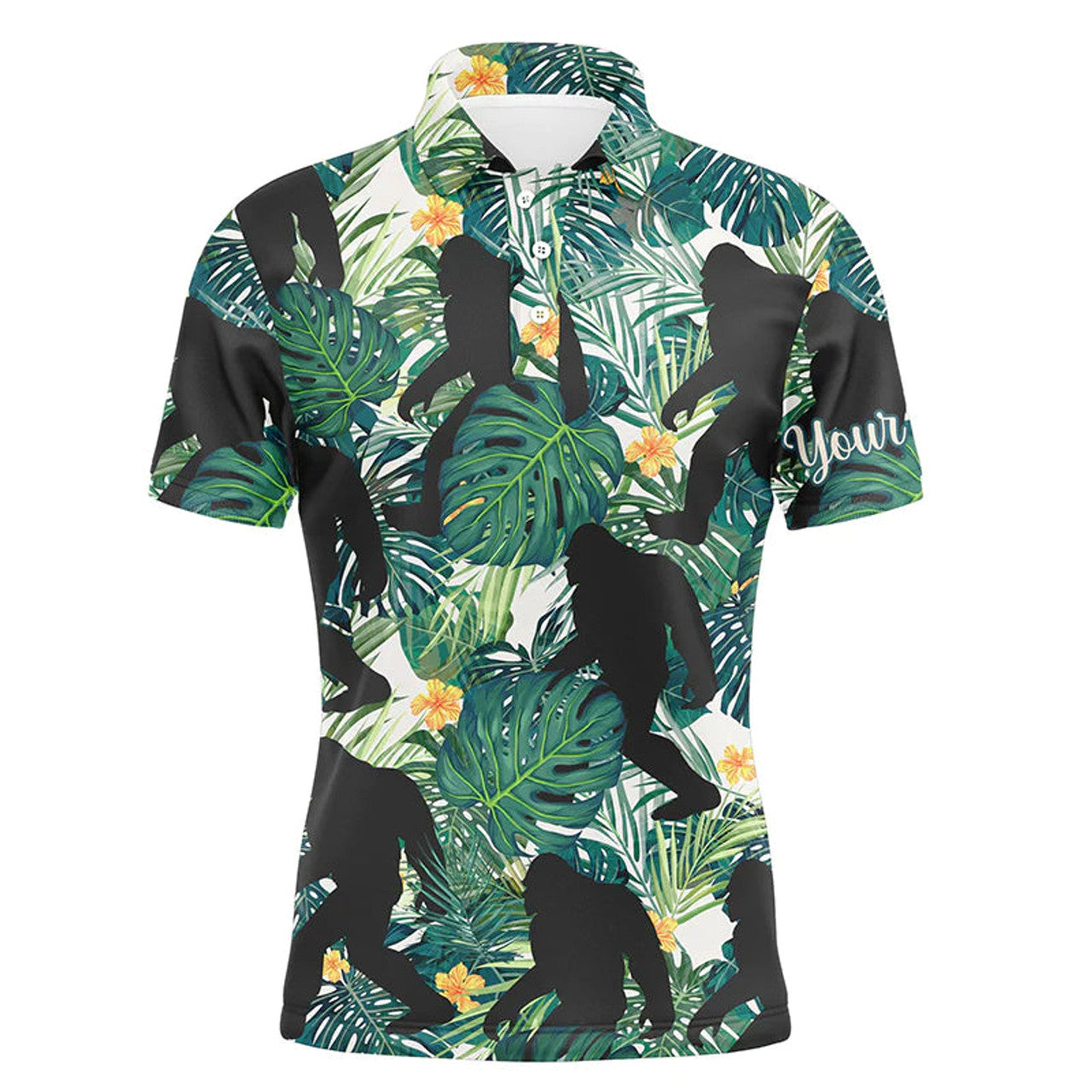 Personalized Bigfoot Custom Name Green Tropical Leaves Golf Men's Polo Shirt S-5XL