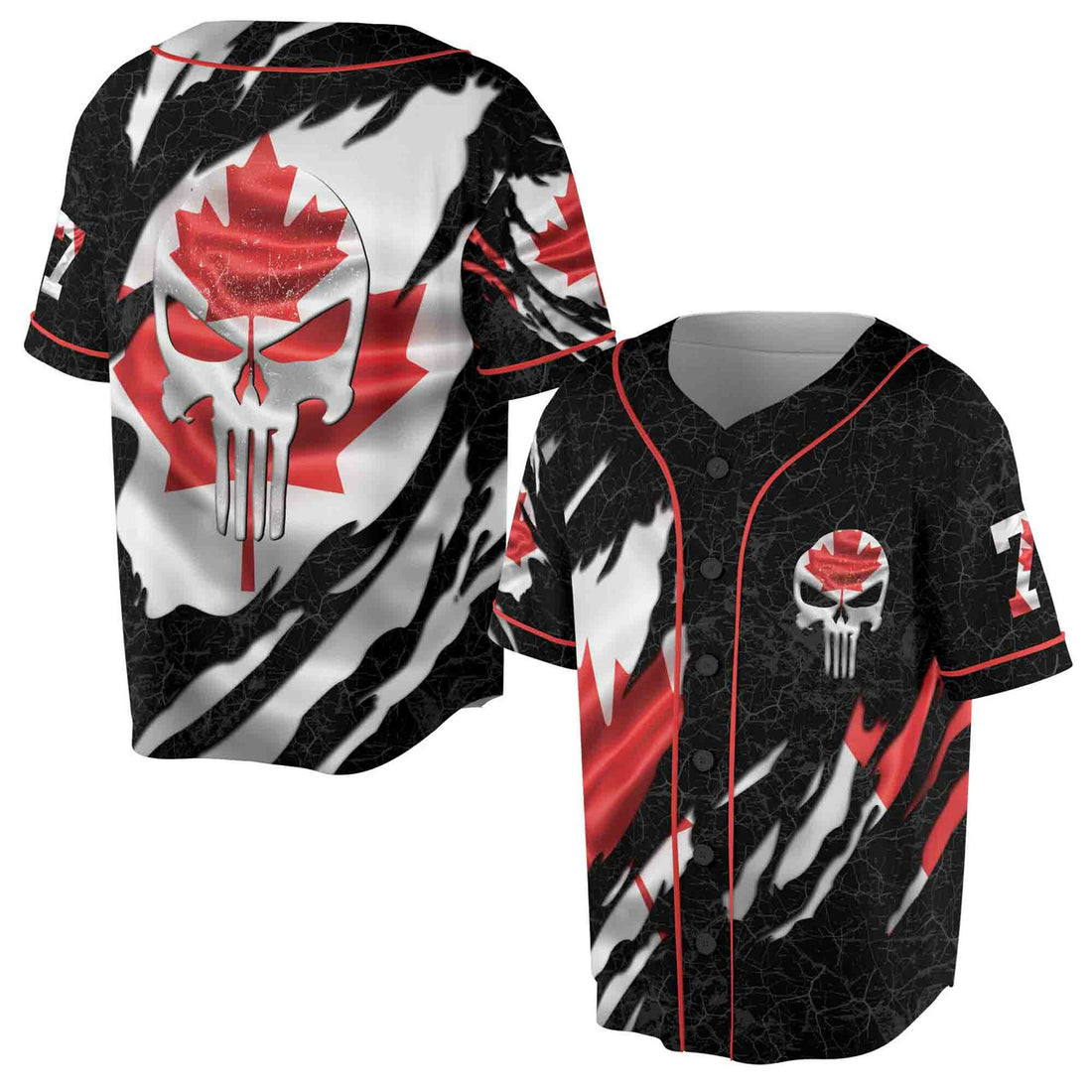 Canada Flag Grunge Punisher Skull Baseball Jersey S-5XL
