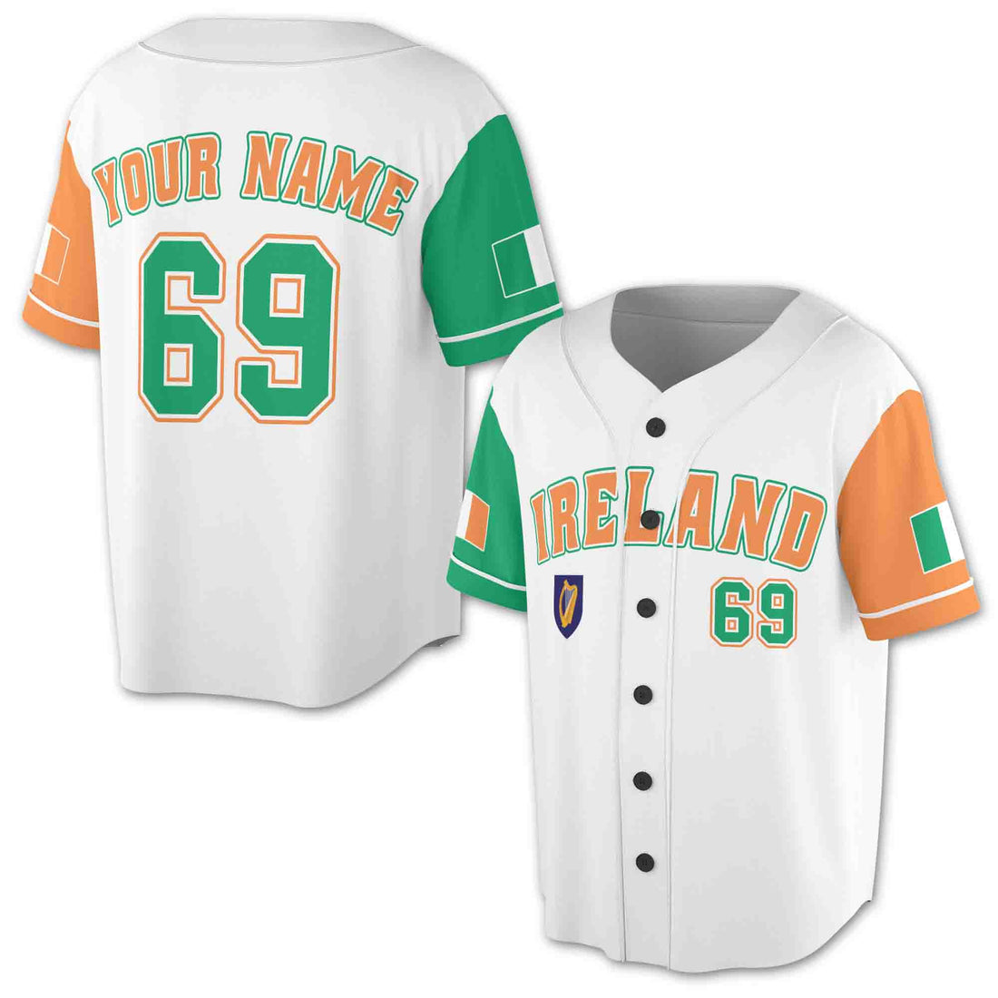 Custom Name Number Ireland Flag Irish Coat Of Arms Baseball Jersey S-5XL