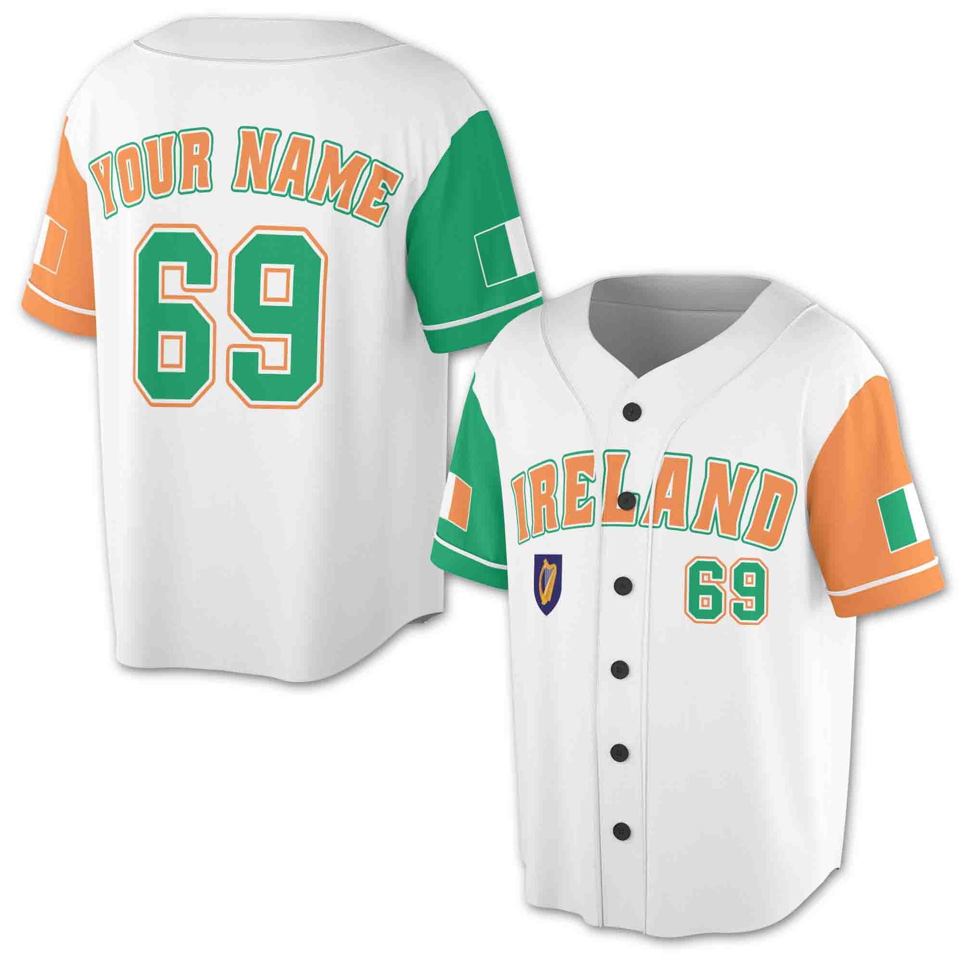 Custom Name Number Ireland Flag Irish Coat Of Arms Baseball Jersey S-5XL