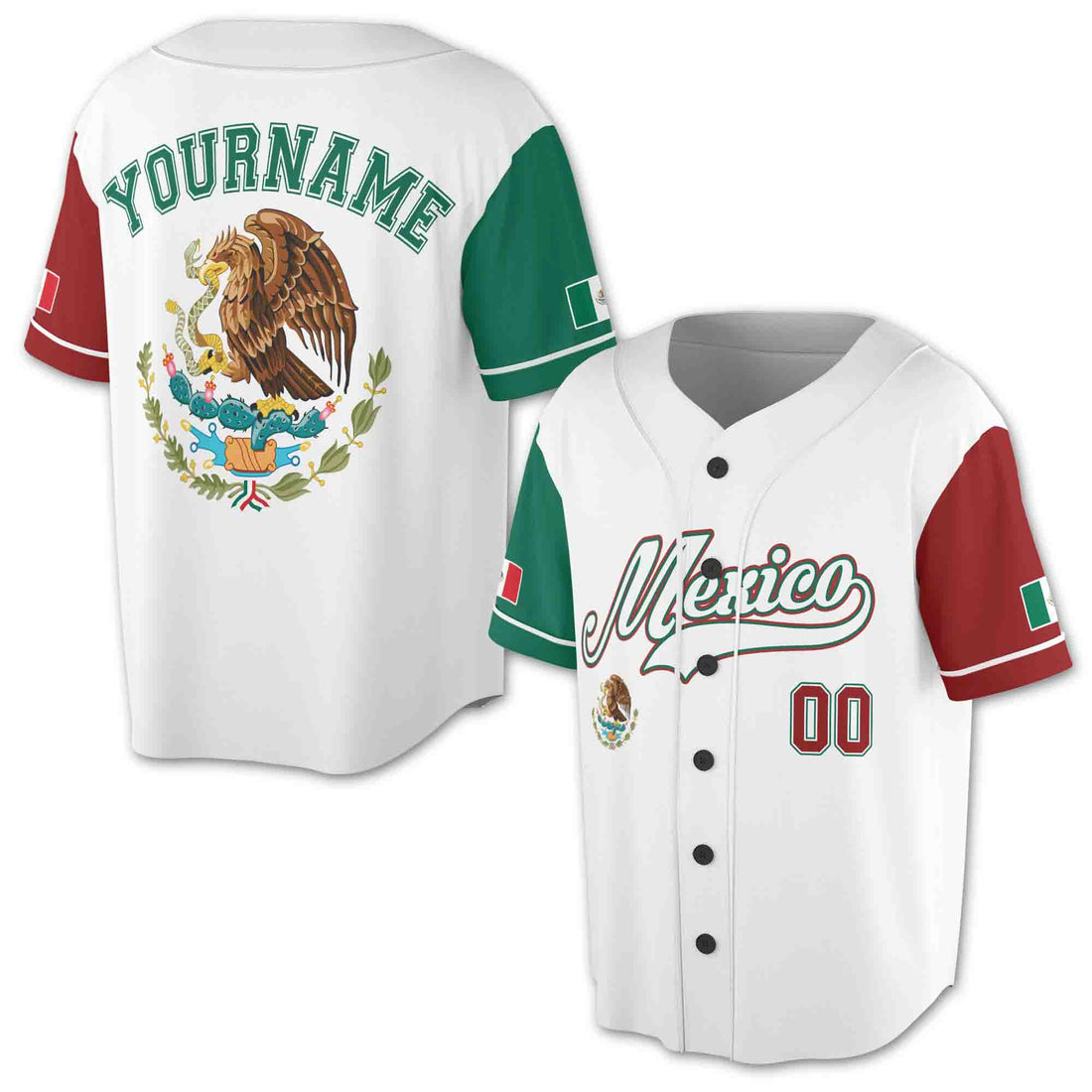 Customize Team Name, Name and Number Mexico Flag coat of arms Baseball Jersey Shirt Size S-5XL