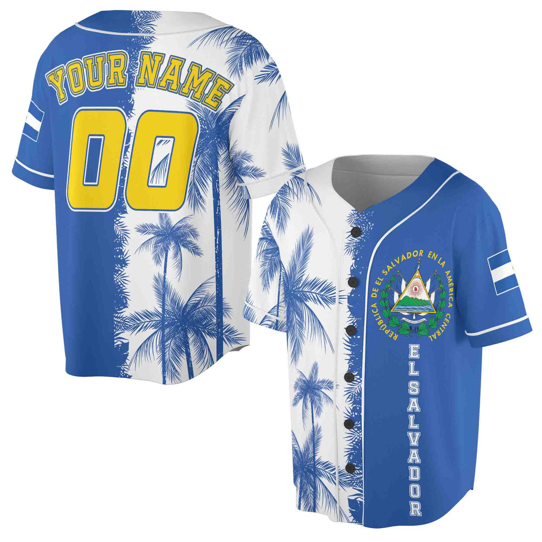 Personalized Name Number Blue Tropical El Salvador Flag Coat Of Arms Baseball Jersey Shirt S-5XL