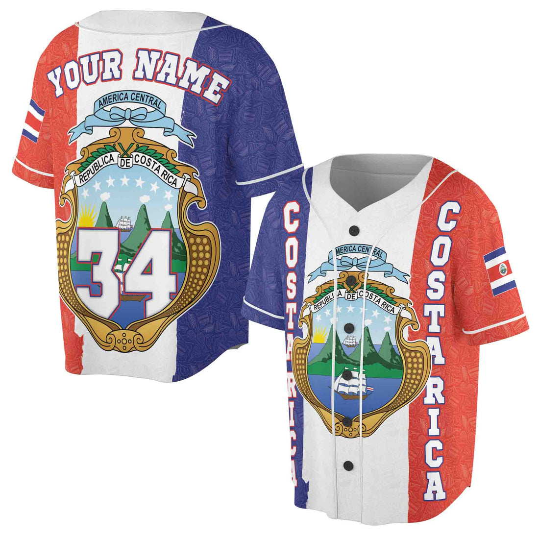 Personalized Name Costa Rica Flag Coat of Arms Baseball Jersey S-5XL