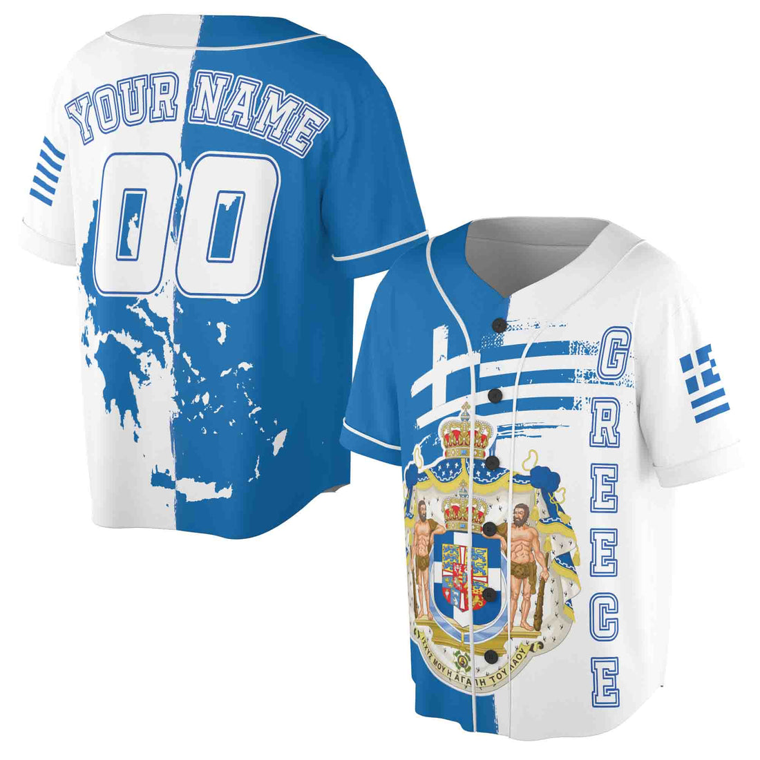 Personalized Name Number Greece Flag Coat of Arms Baseball Jersey S-5XL