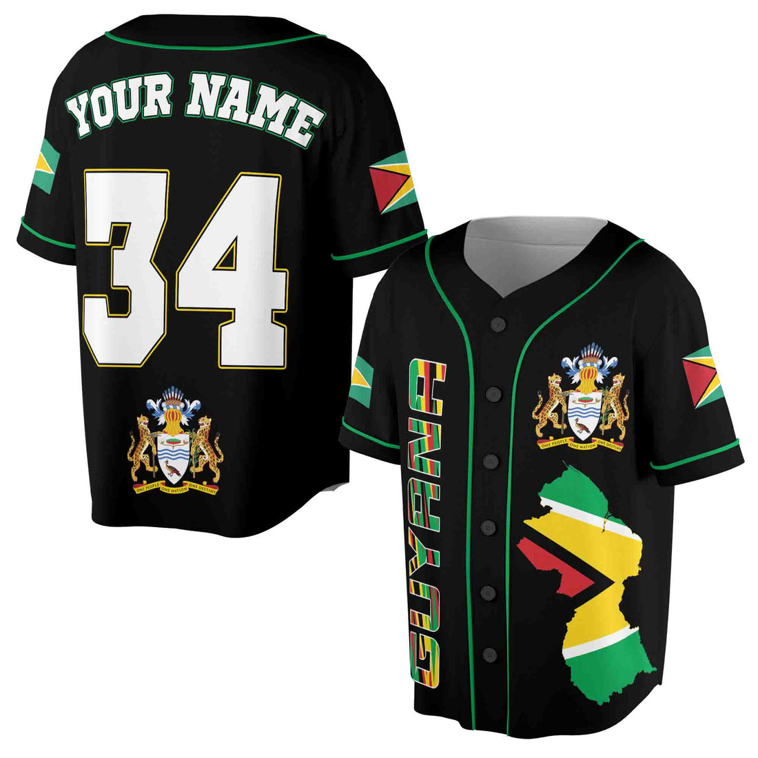 Personalized Name Number Guyana Flag Coat of Arms Baseball Jersey S-5XL