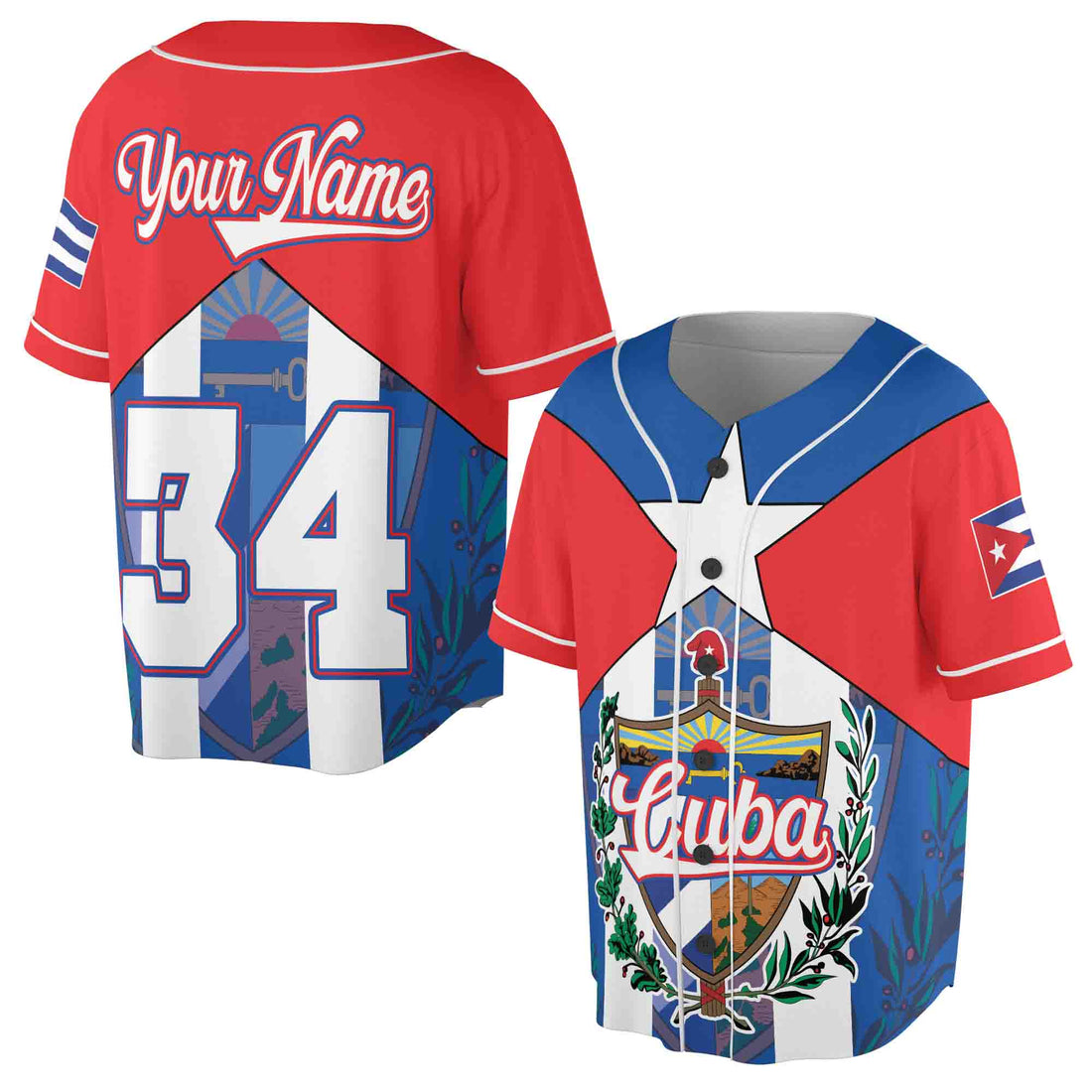 Personalized Name Number Cuba Flag Coat of Arms Patriotic Baseball Jersey S-5XL