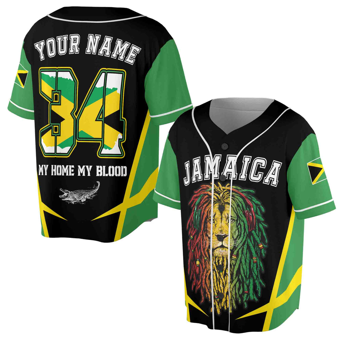 Personalized Name Number Jamaica Flag Lion Crocodile Coat of Arms Patriotic Baseball Jersey S-5XL