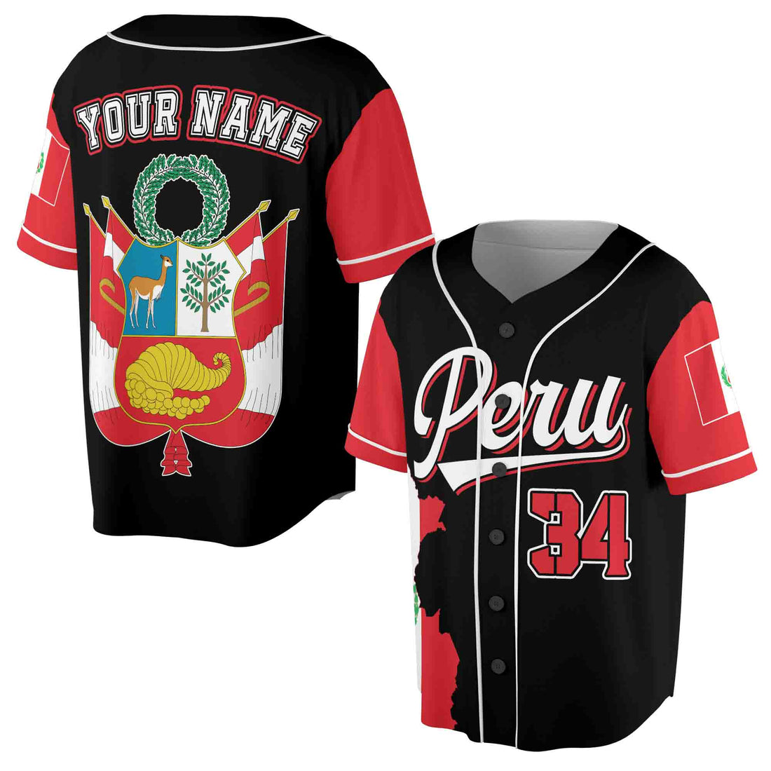 Personalized Name Number Peru Flag Coat of Arms Patriotic Baseball Jersey S-5XL
