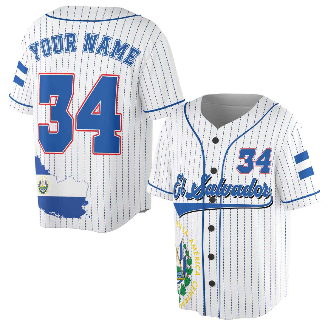 Personalized Name Number El Salvador Flag Coat of Arms Patriotic Baseball Jersey S-5XL