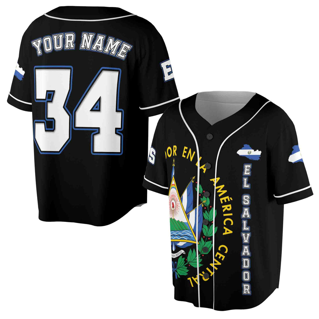 Personalized Name Number El Salvador Flag Coat of Arms Patriotic Black Baseball Jersey S-5XL