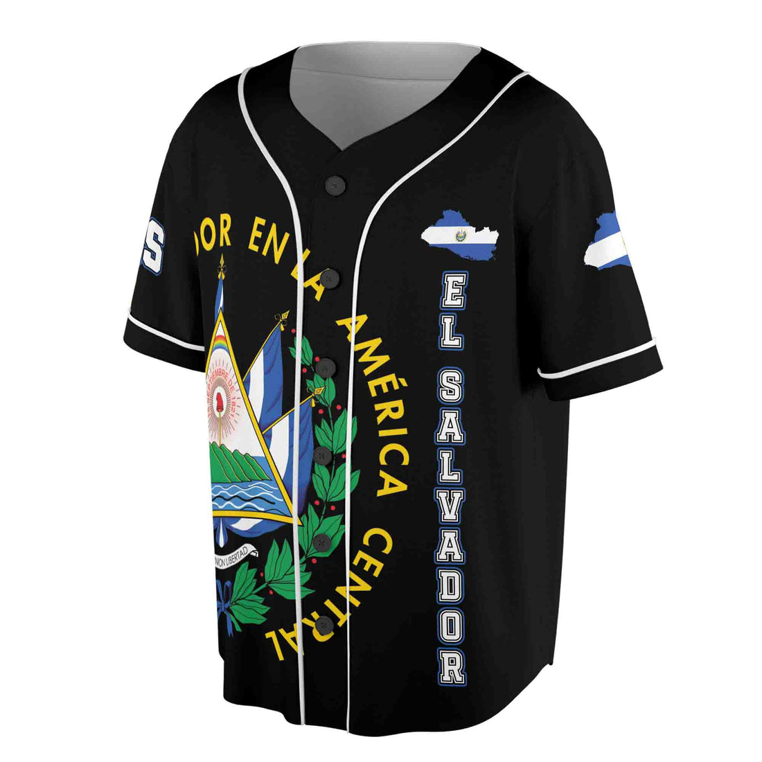 Personalized Name Number El Salvador Flag Coat of Arms Patriotic Black Baseball Jersey S-5XL