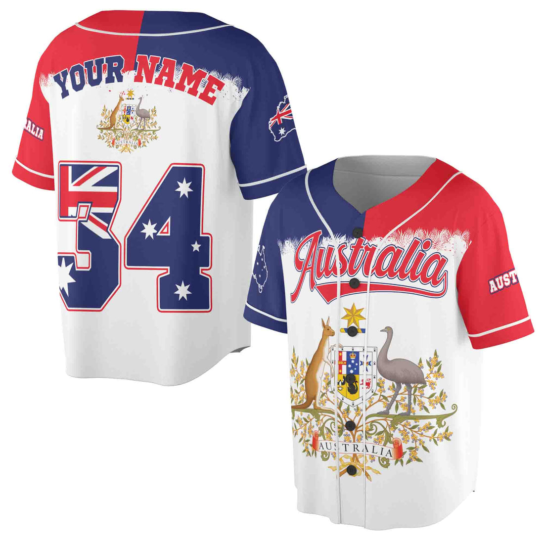 Customized Name Australia Flag Coat of Arms 3D Baseball Jersey Size S-5XL