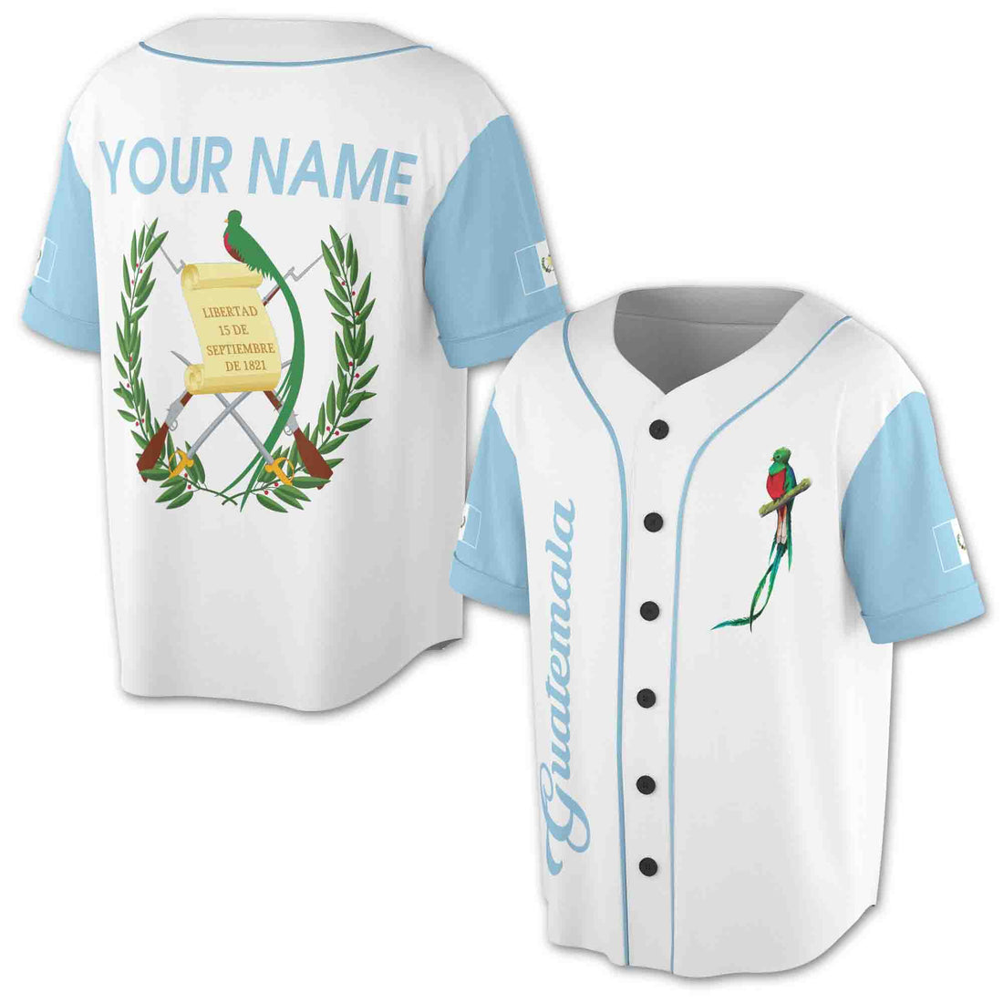 Customize Name Guatemala Flag Coat of Arms White 3D Baseball Jersey Size S-5XL