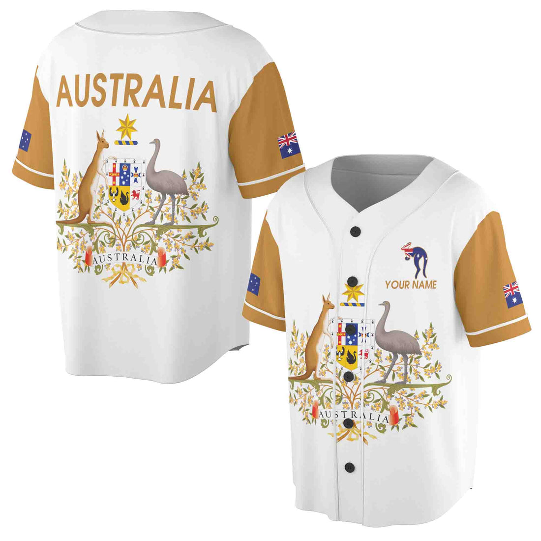 Customize Name Australia Flag Coat of Arms White 3D Baseball Jersey Size S-5XL