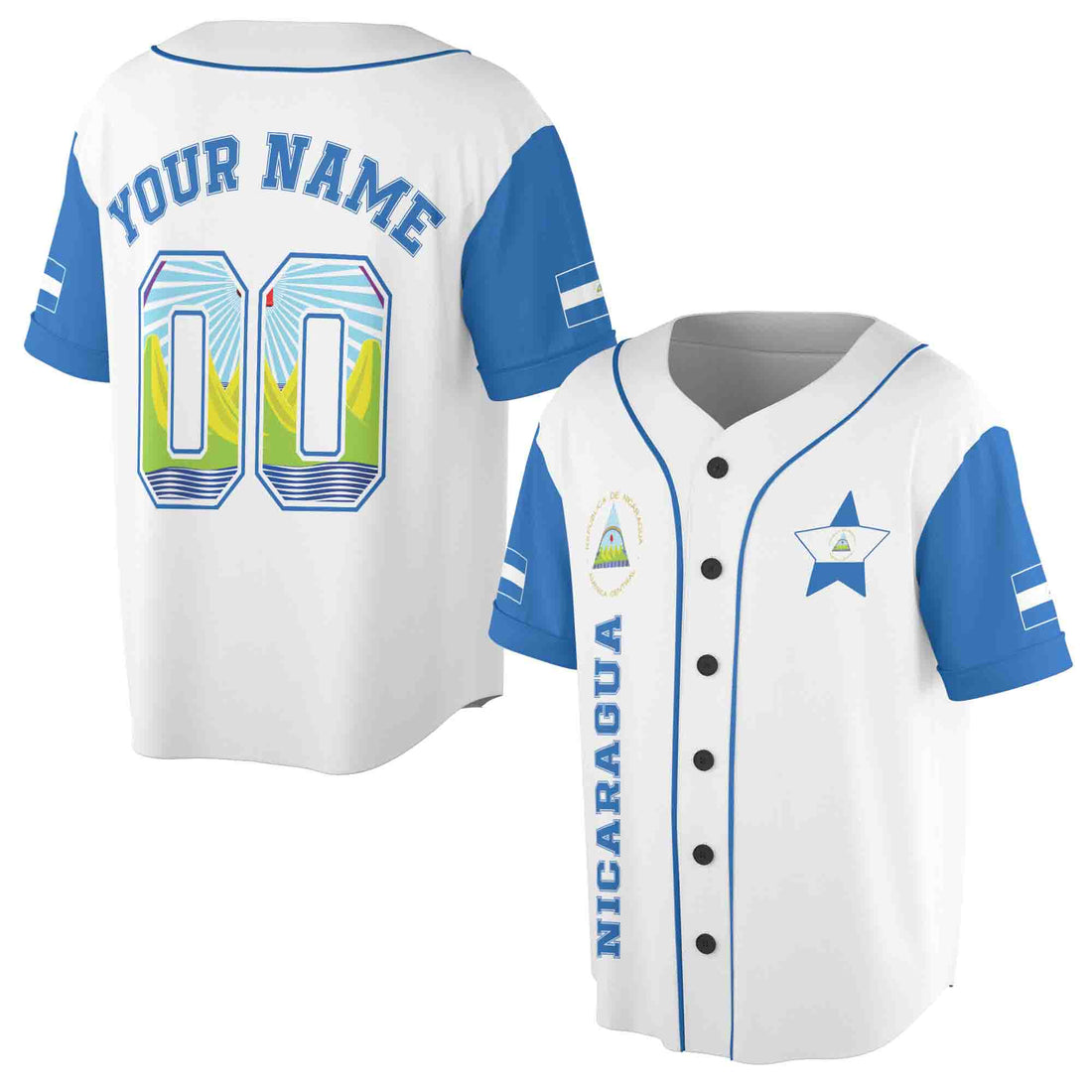 Personalize Name Number Nicaragua Flag Coat Of Arms Baseball Jersey S-5XL