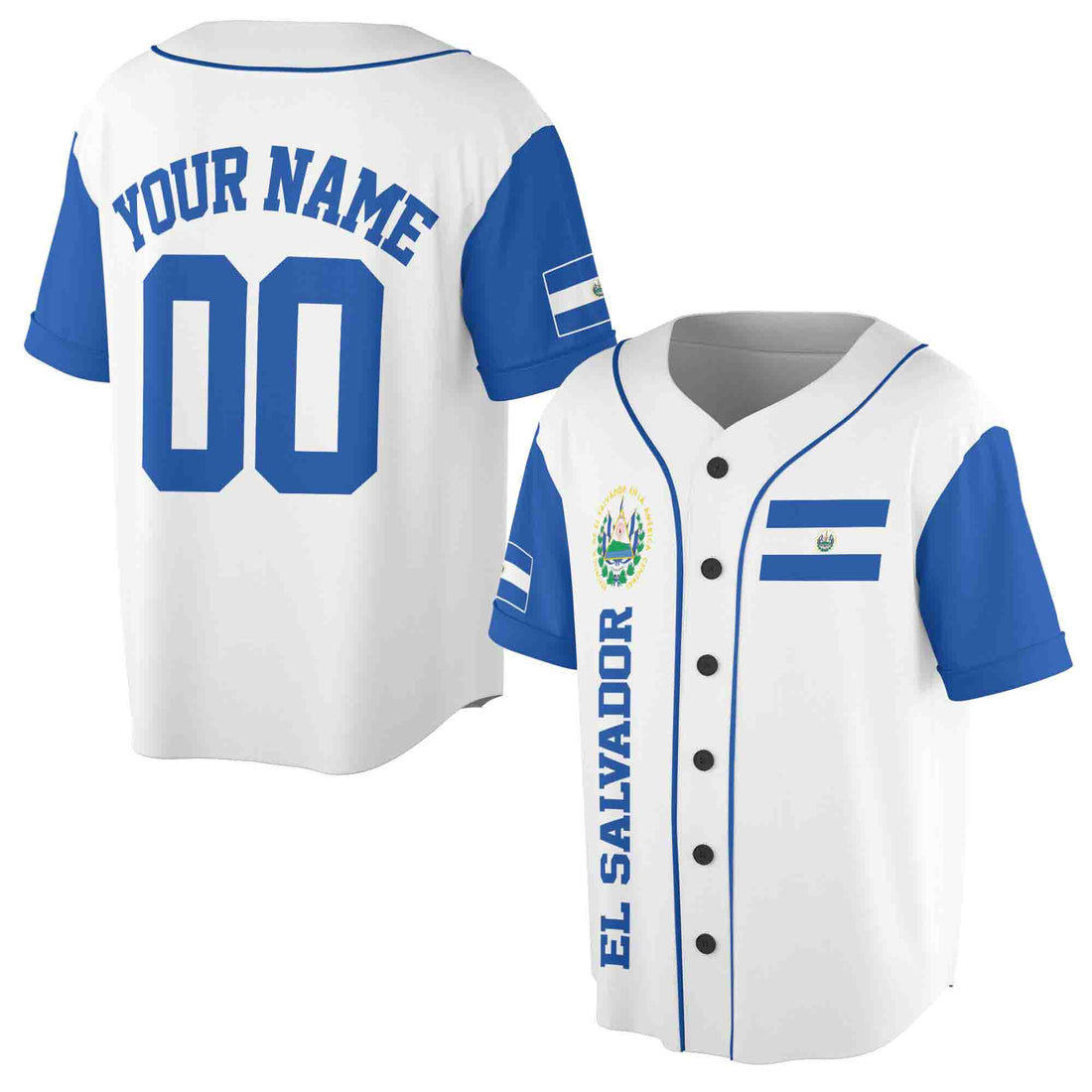 Personalized Name Number El Salvador Flag Coat of Arms Patriotic White Baseball Jersey S-5XL
