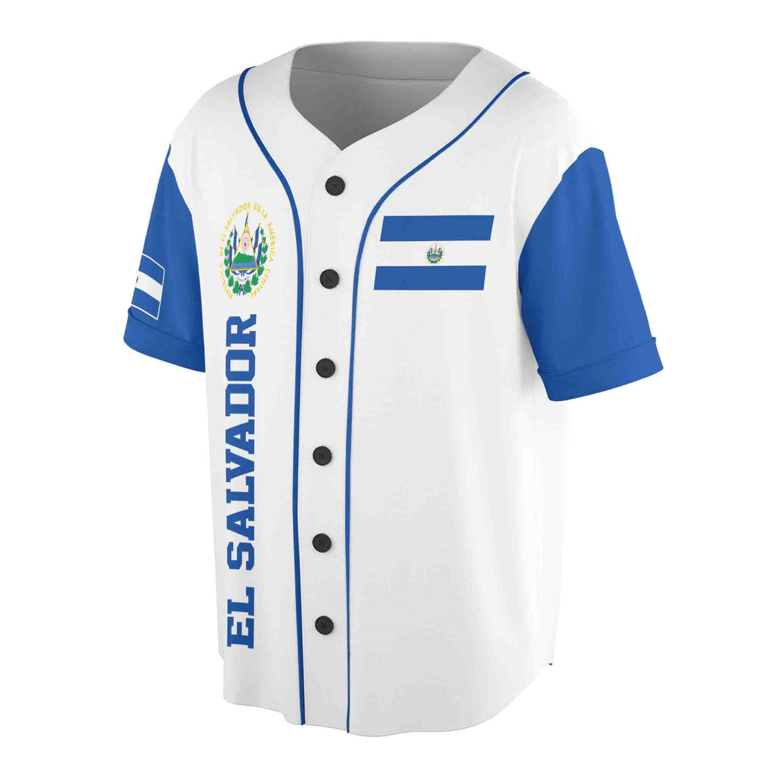 Personalized Name Number El Salvador Flag Coat of Arms Patriotic White Baseball Jersey S-5XL