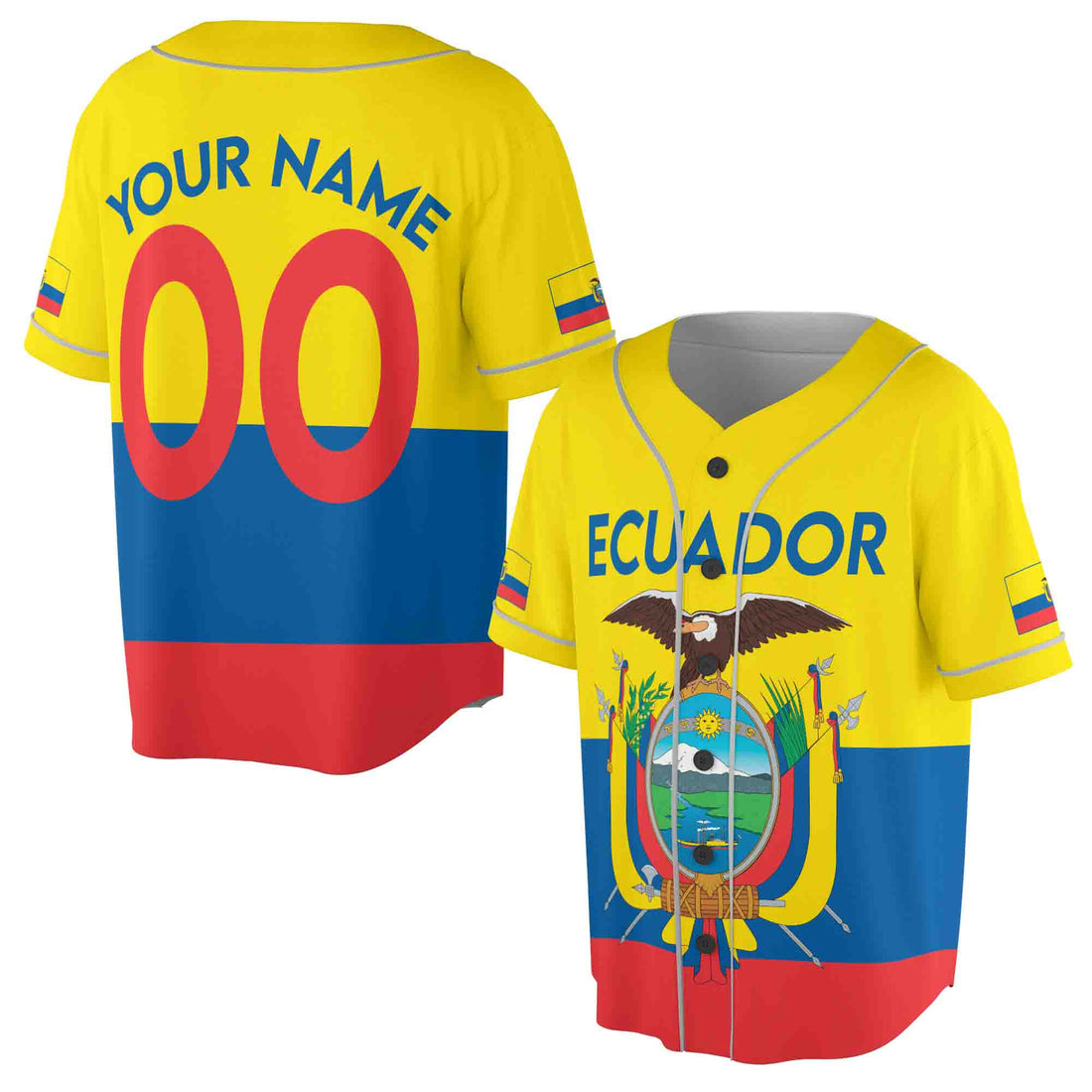 Customize Name Number Ecuador Flag Coat of Arms Patriotic 3D Baseball Jersey Size S-5XL