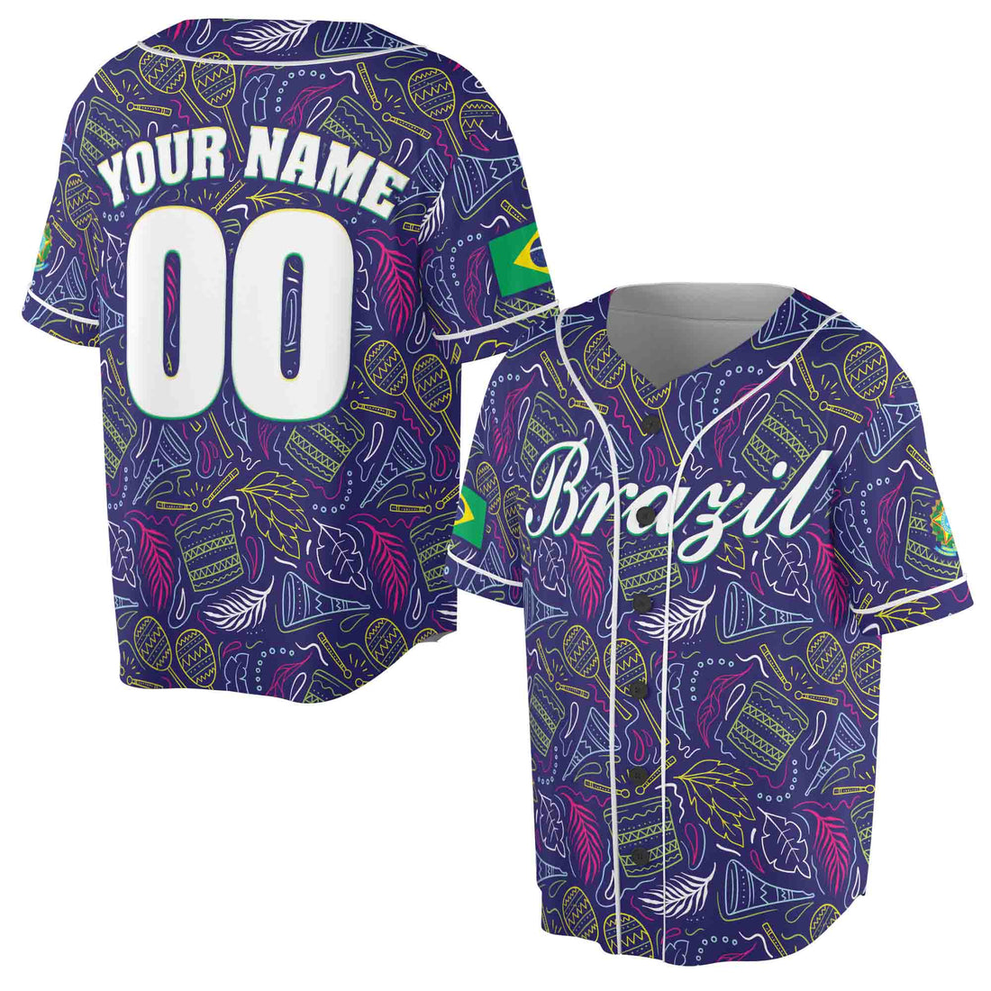 Personalize Name Number Brazil Flag Coat of Arms Baseball Jersey S-5XL