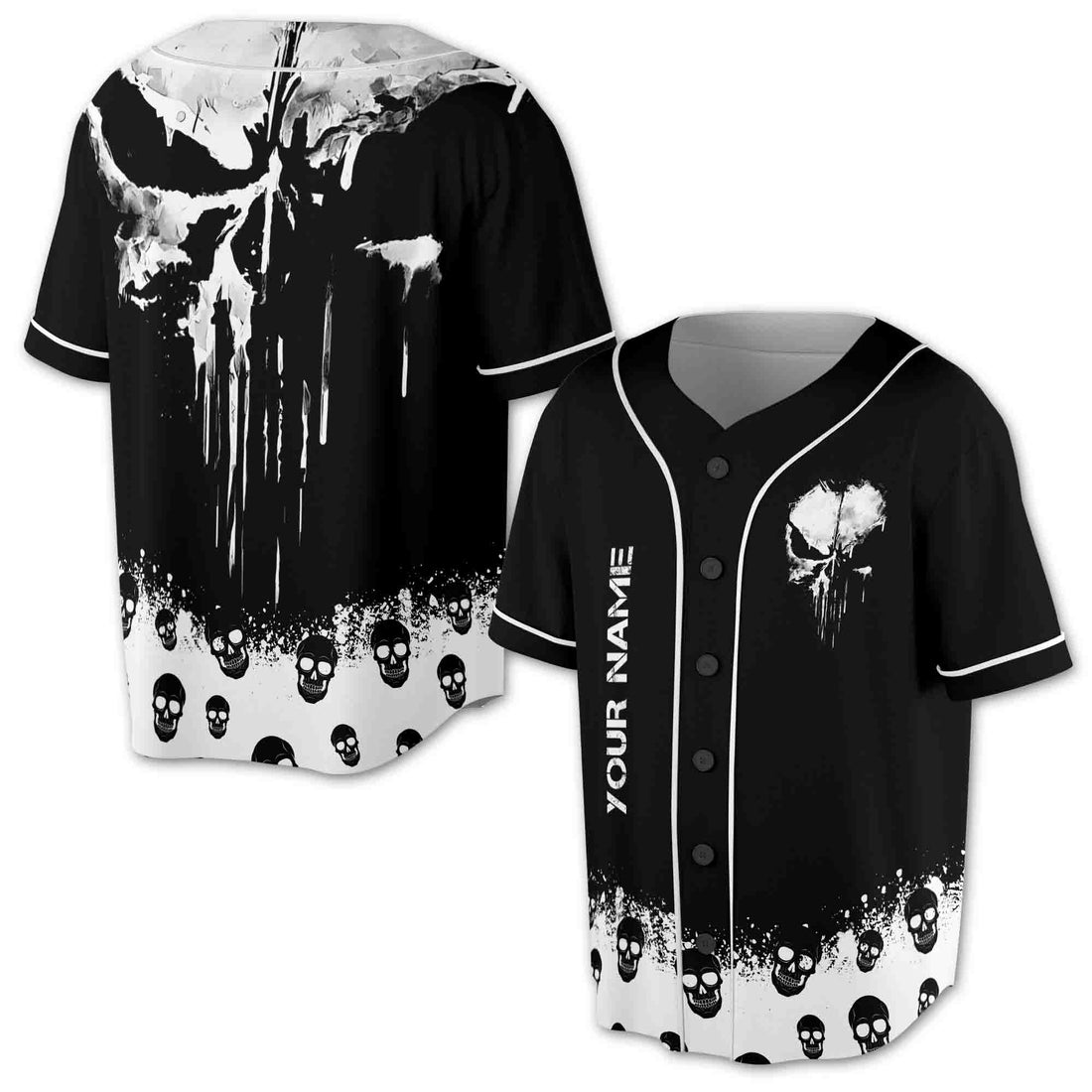 Custom Name Color Spatter Black And White Skull Baseball Jersey S-5XL