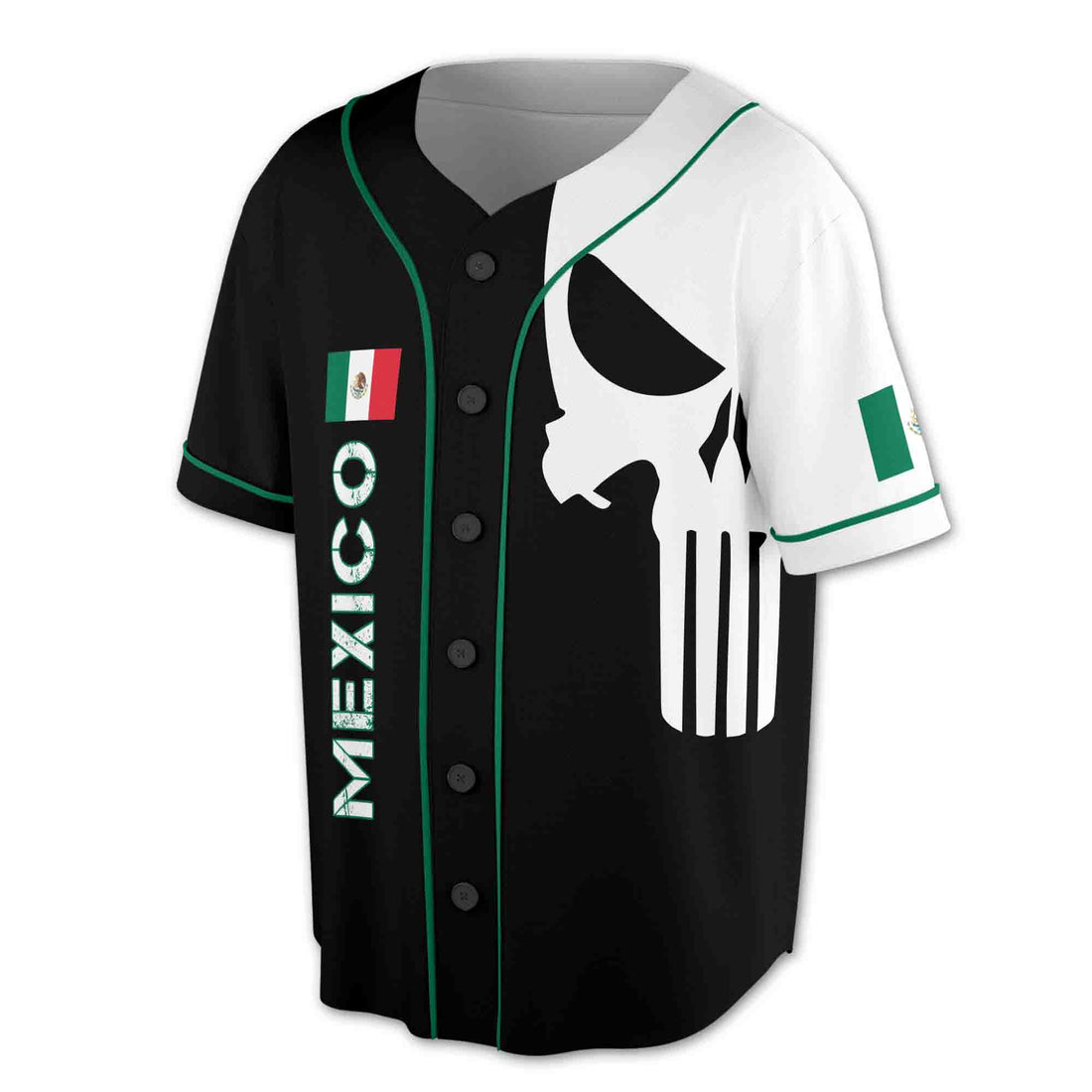 Custom Name Patriotic Mexico Flag Mexico Coat Of Arms Skull Baseball Jersey S-5XL