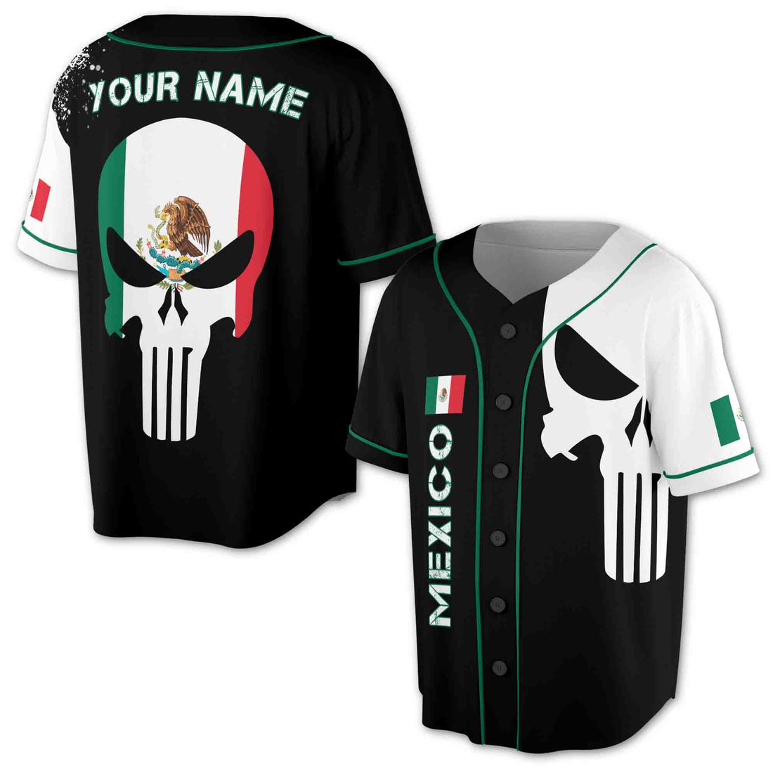 Custom Name Patriotic Mexico Flag Mexico Coat Of Arms Skull Baseball Jersey S-5XL
