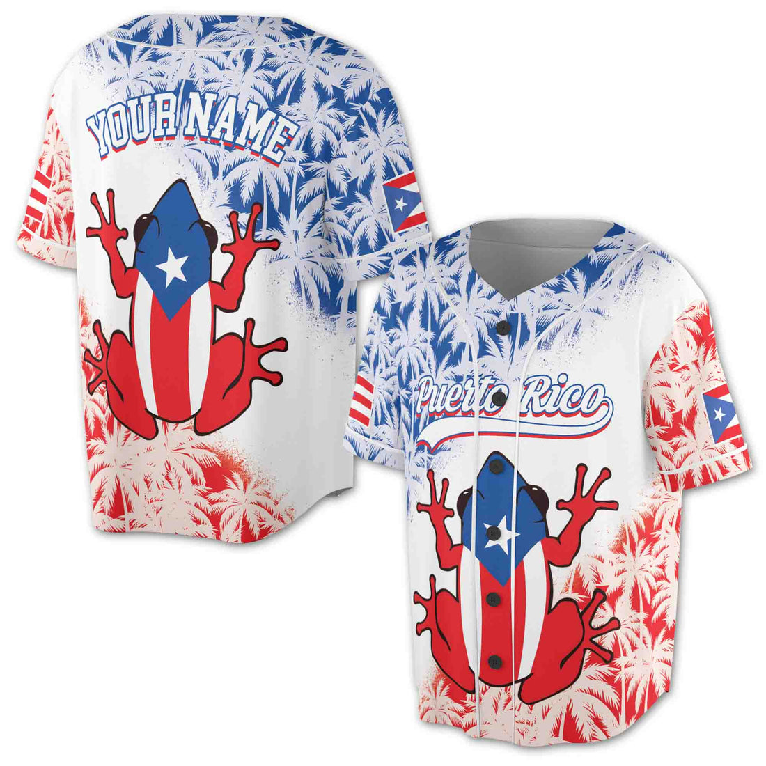 Custom Name Patriotic Puerto Rico Flag Frog Vinyl Proud Baseball Jersey S-5XL