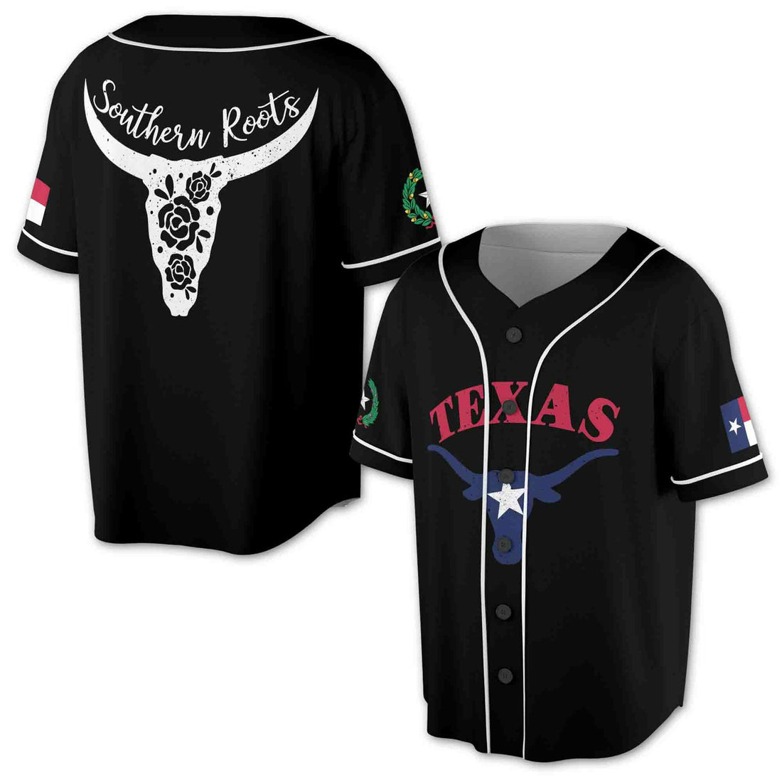 Southern Roots Texas Flag Coat of Arms Baseball Jersey S-5XL