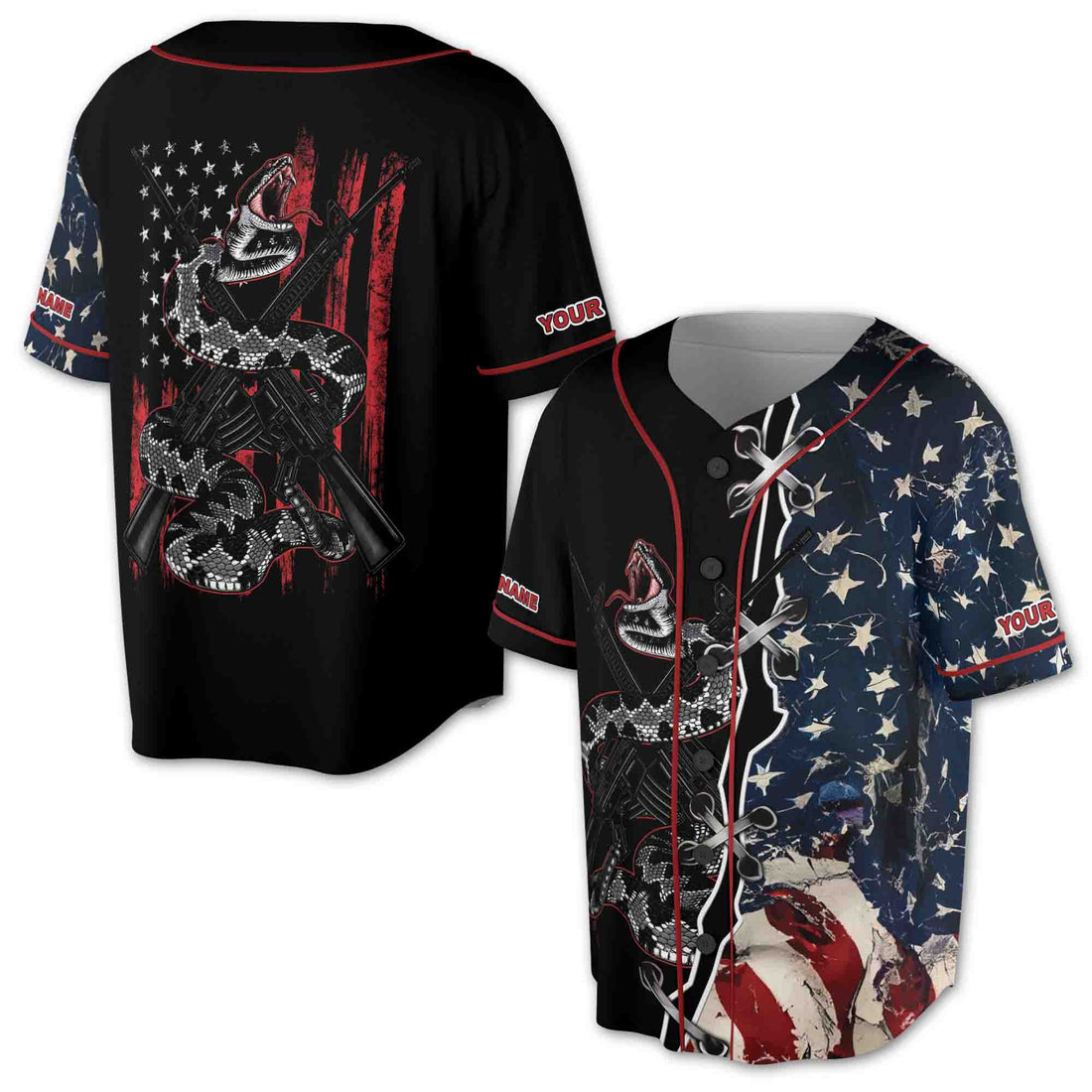 Retro America Flag Patriotic Dark Snake On Gun Baseball Jersey S-5XL