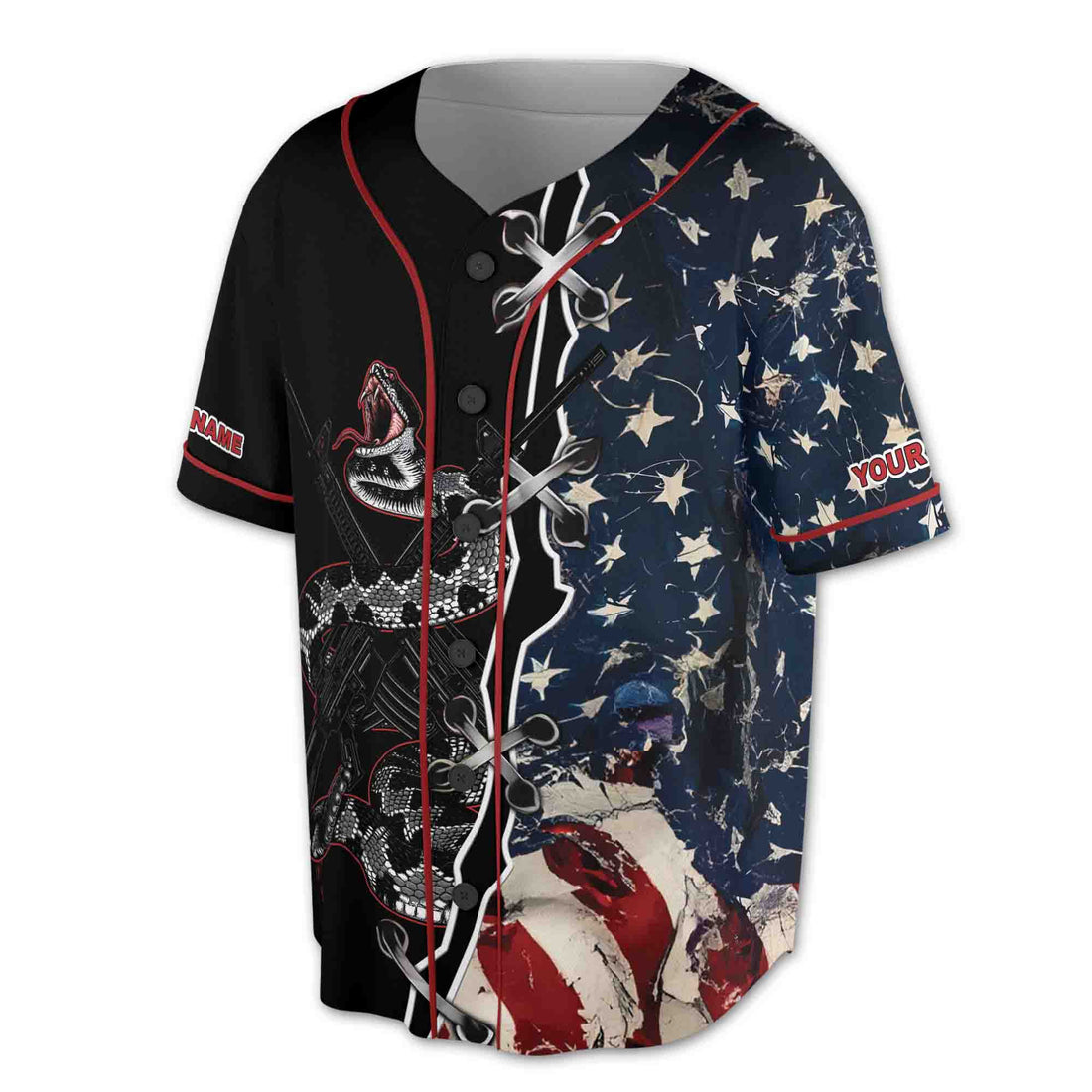 Retro America Flag Patriotic Dark Snake On Gun Baseball Jersey S-5XL