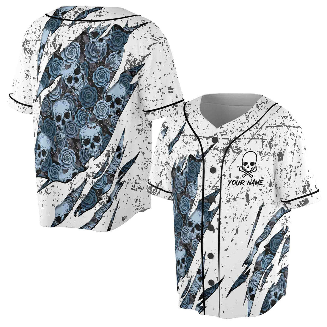 Custom Name Skull Floral Grunge Spatter Baseball Jersey S-5XL