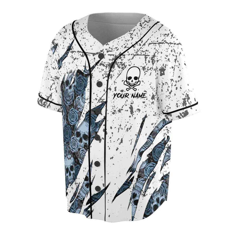 Custom Name Skull Floral Grunge Spatter Baseball Jersey S-5XL