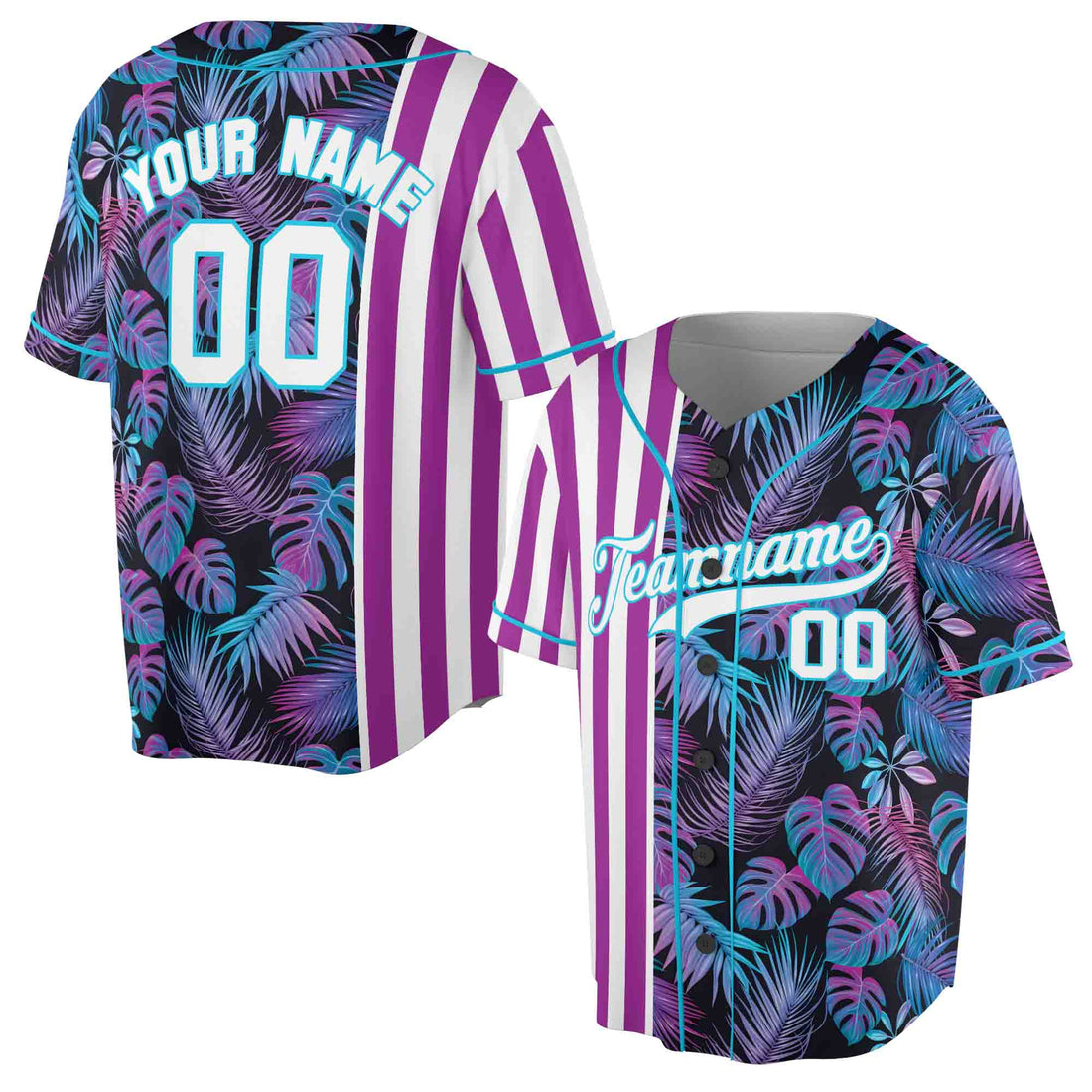 Personalized Neon Blue Purple Palm Tree Leaf Baseball Jersey S-5XL