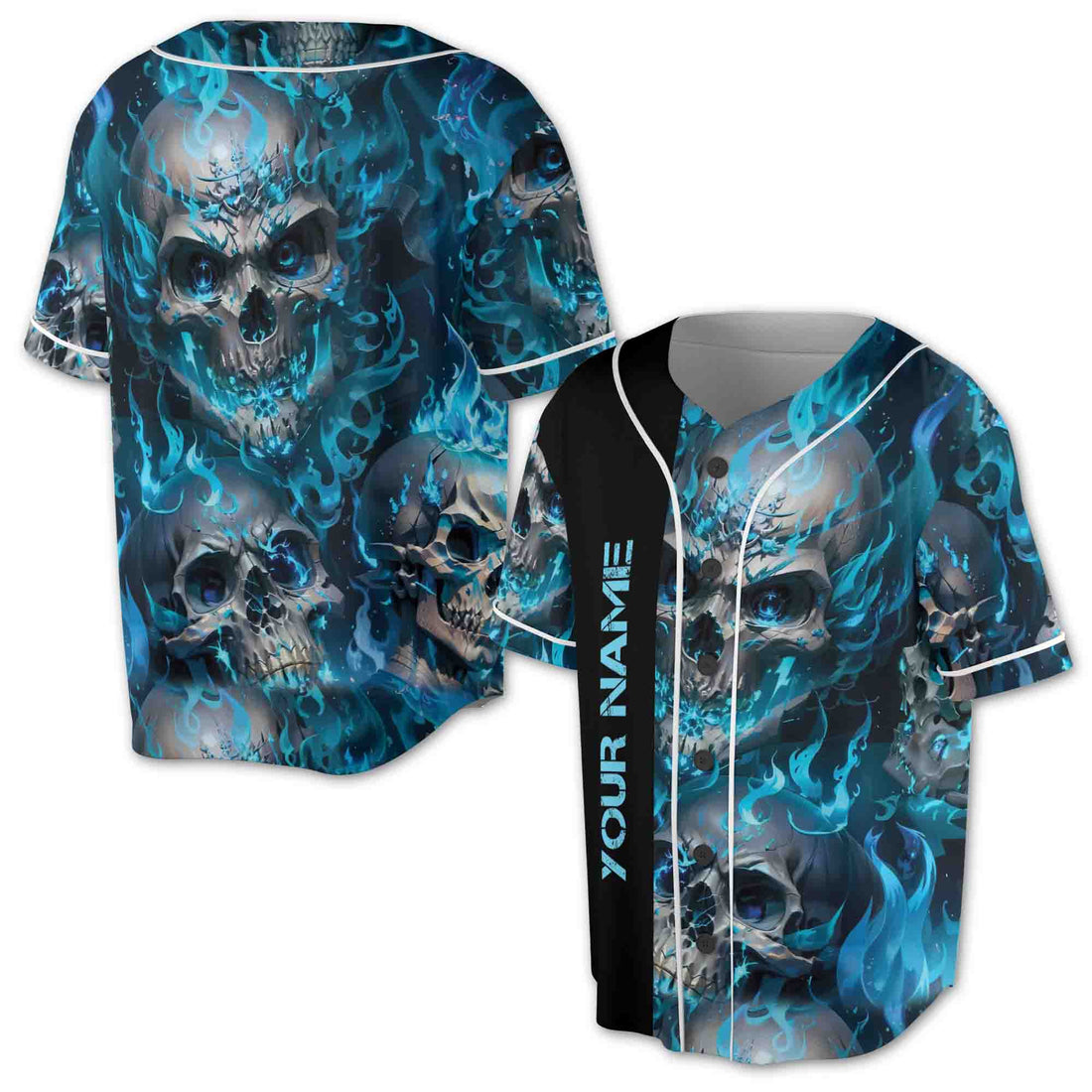 Custom Name Your Deepest Nightmare Skull on Fire Blue Baseball Jersey S-5XL