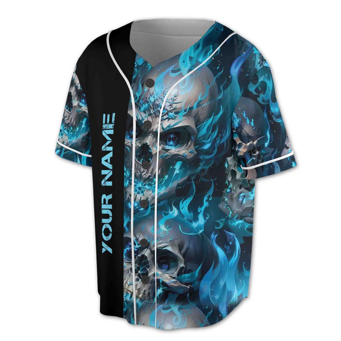 Custom Name Your Deepest Nightmare Skull on Fire Blue Baseball Jersey S-5XL