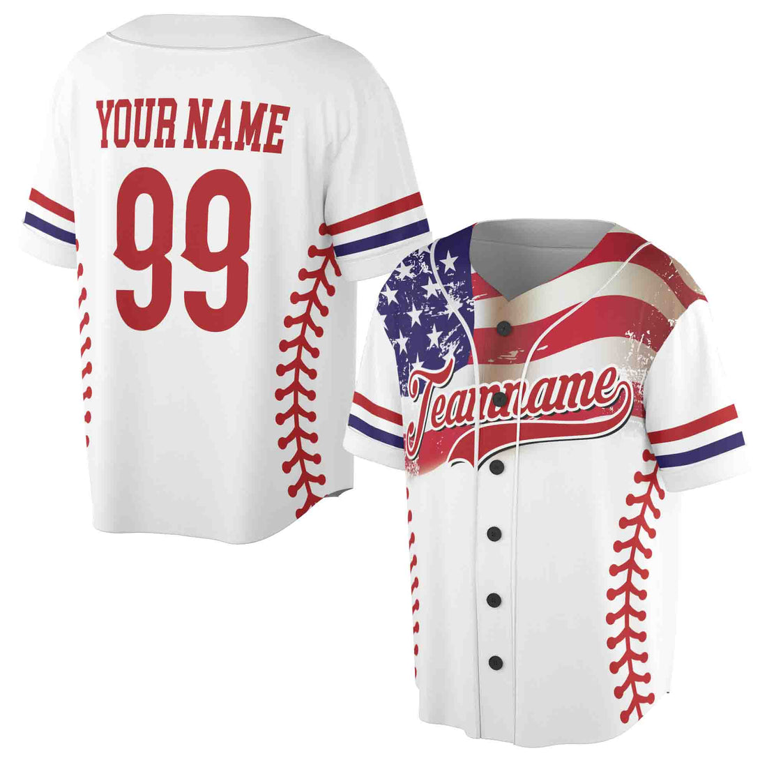 Customize American Teamname Name Number USA Flag Grunge Baseball Jersey S-5XL