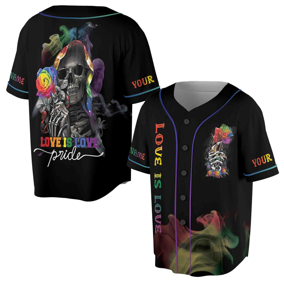 Customize Name Love is Love Smoky Rose and Skull LGBT Baseball Jersey S-5XL