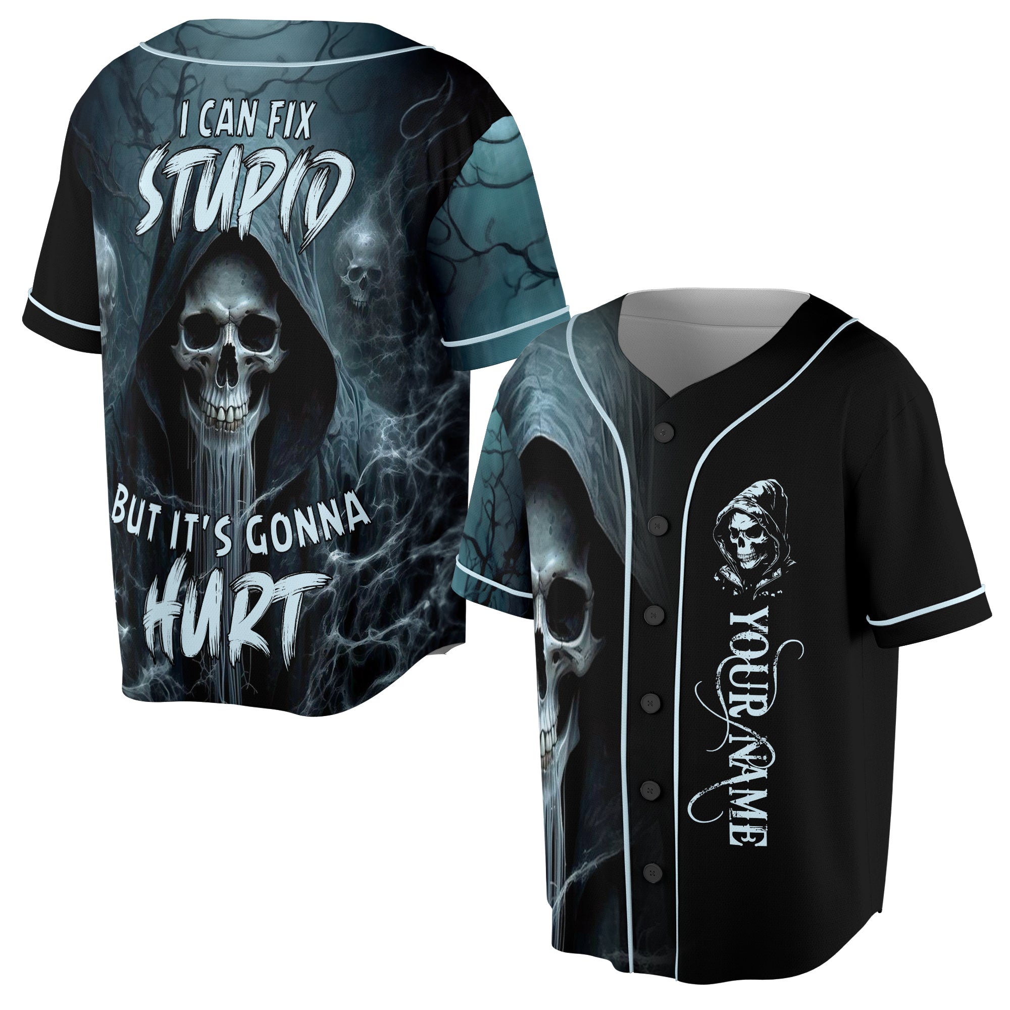 Custom Name Skull I Can Fix Stupid But It's Gonna Hurt Baseball Jersey S-5XL