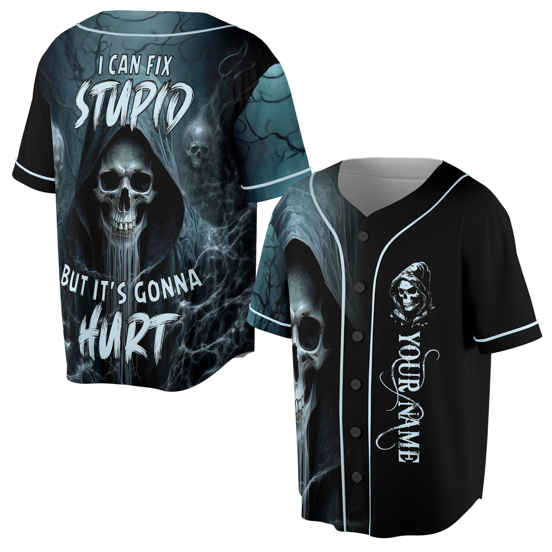 Custom Name Skull I Can Fix Stupid But It's Gonna Hurt Baseball Jersey S-5XL