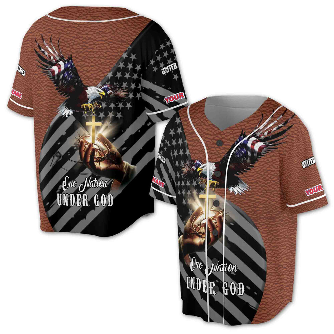 One Nation Under God Eagle American Flag Leather Pattern Baseball Jersey S-5XL